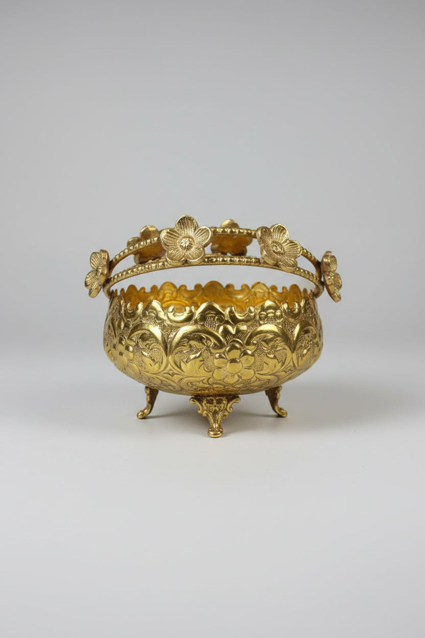 Brass Floral Basket Bowl with Swing Handle