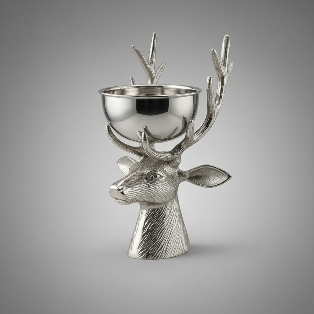 aluminium deer head trophy with bowl on a gray background