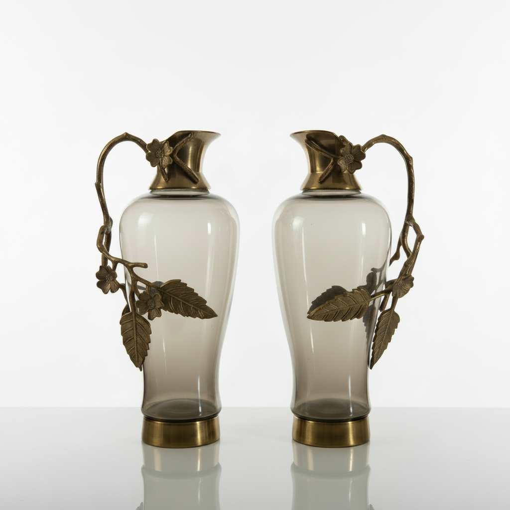 Two ornate vases with gold accents on a white platform, accompanied by a brown leather notebook and gold pens, with 'The Handicraft People' logo in the corner.