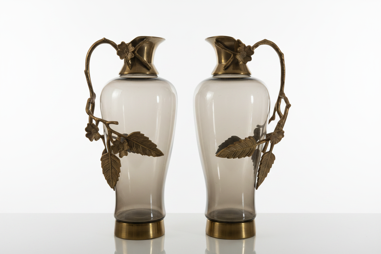 Two ornate vases with gold accents on a white platform, accompanied by a brown leather notebook and gold pens, with 'The Handicraft People' logo in the corner.