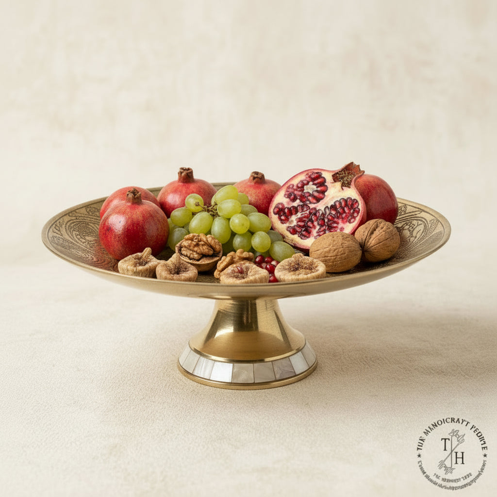 Brass oval fruit bowl with sculpted peacock handle and mother of pearl rim — heirloom Indian centerpiece