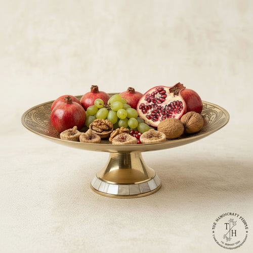 Brass oval fruit bowl with sculpted peacock handle and mother of pearl rim — heirloom Indian centerpiece
