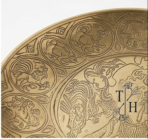 Set of gold decorative plates with intricate designs on a white background