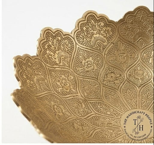 Set of three graduated brass hand-engraved fruit stands — Indian handicraft tiered serveware