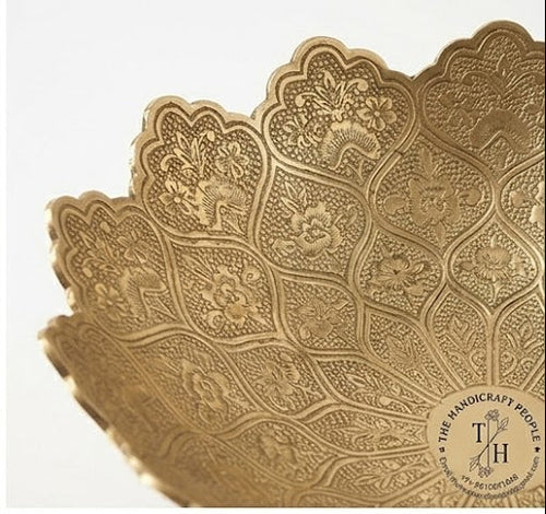 Set of three graduated brass hand-engraved fruit stands — Indian handicraft tiered serveware