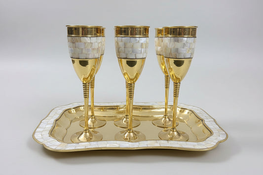 Brass Mother of Pearl Goblet Set with MOP Tray - Set of 6