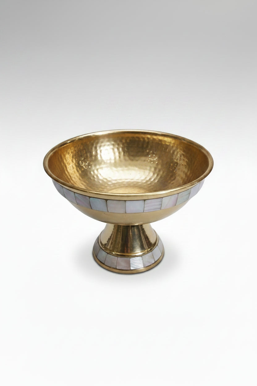 Medium brass round serving bowl with mother of pearl mosaic and ornate brass feet — handcrafted Indian centerpiece
