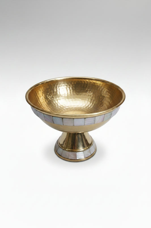 Medium brass round serving bowl with mother of pearl mosaic and ornate brass feet — handcrafted Indian centerpiece