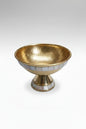 Medium brass round serving bowl with mother of pearl mosaic and ornate brass feet — handcrafted Indian centerpiece