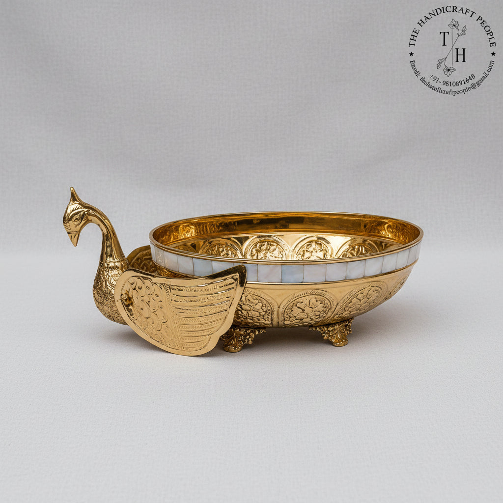 Brass oval fruit bowl with sculpted peacock handle and mother of pearl rim — heirloom Indian centerpiece
