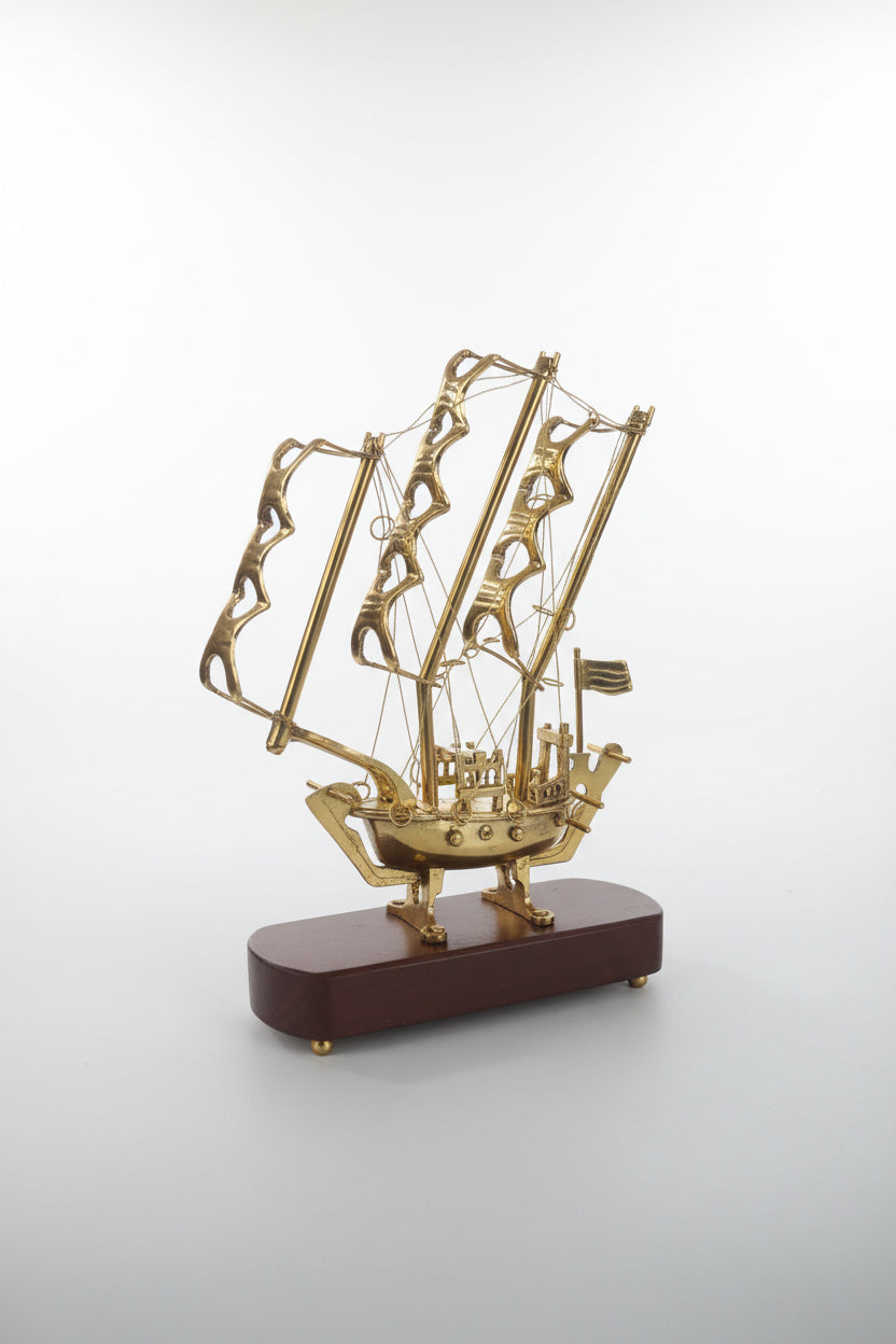 Brass Sailing Ship Sculpture on Wood Base