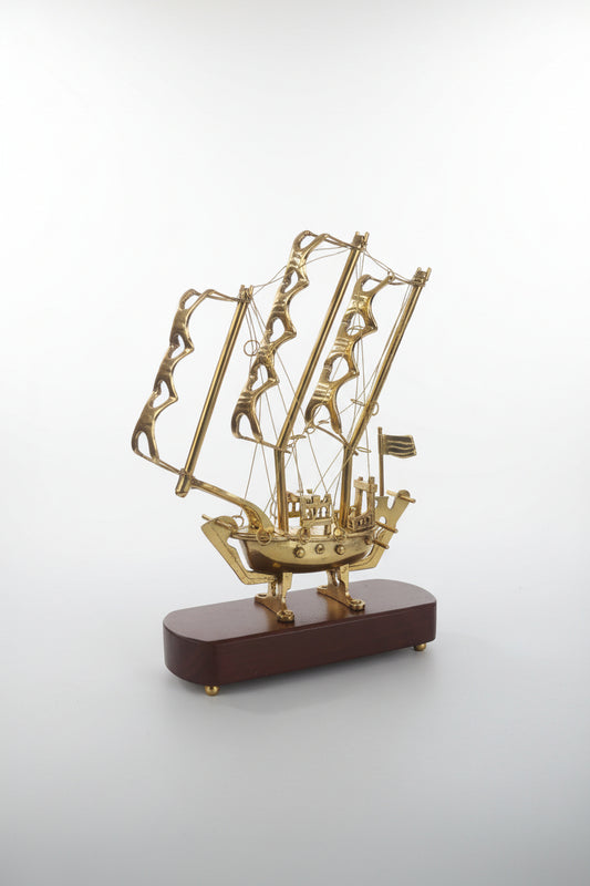 Brass Sailing Ship Sculpture on Wood Base