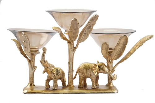 Aluminum Elephant & Banana Tree Centerpiece with Smoked Glass Vessel - Tall