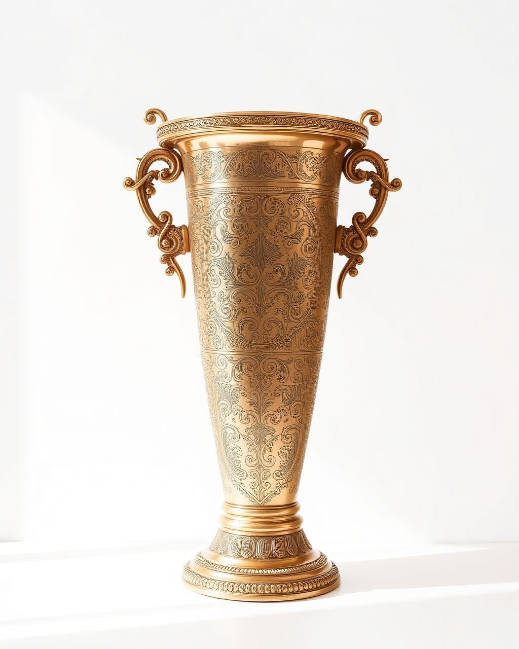 An ornate antique-style bronze vase with intricate scrollwork engravings and decorative side handles, set against a clean white background.
