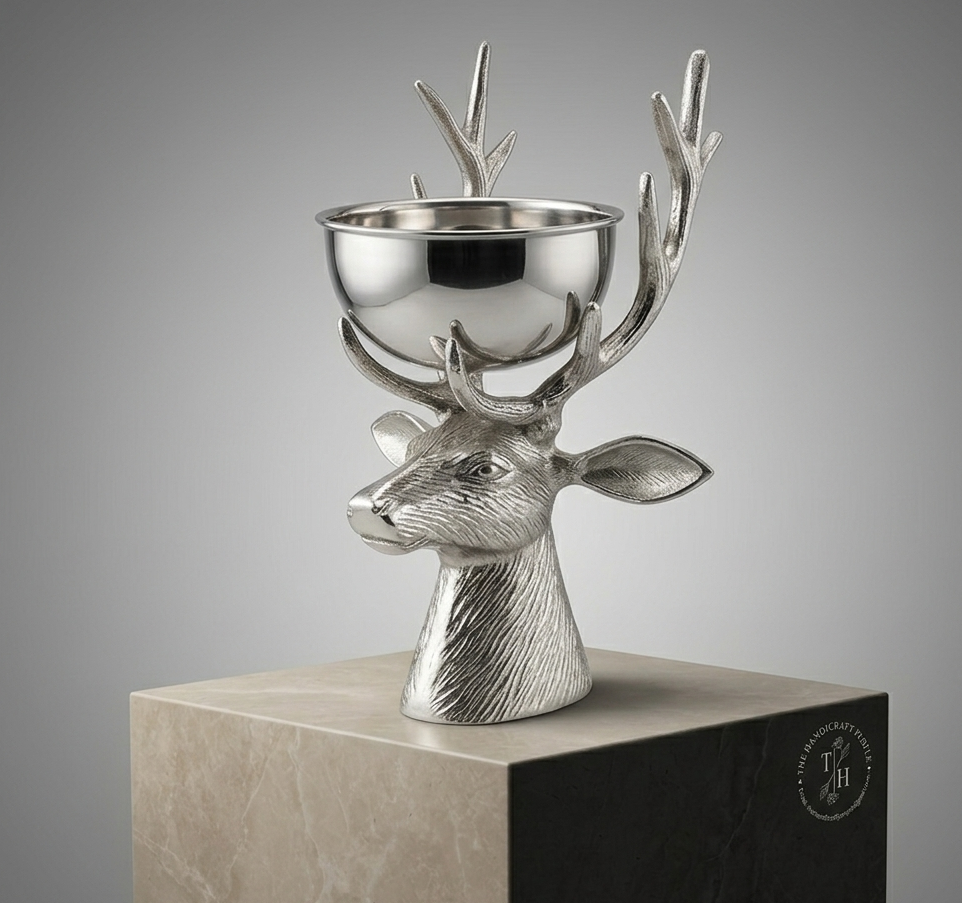 aluminium deer head trophy with bowl on a gray background