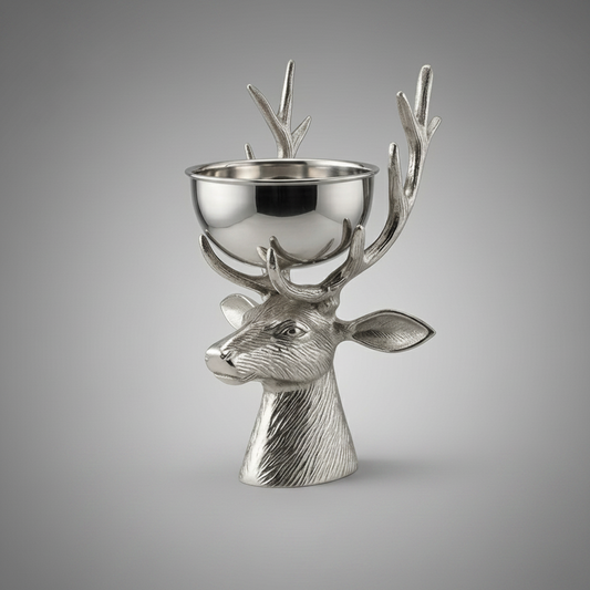 aluminium deer head trophy with bowl on a gray background
